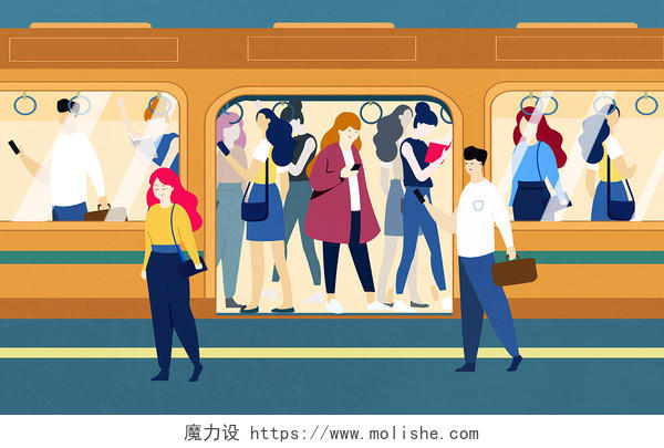 拥挤城市地铁插画JPG扁平卡通地铁插画